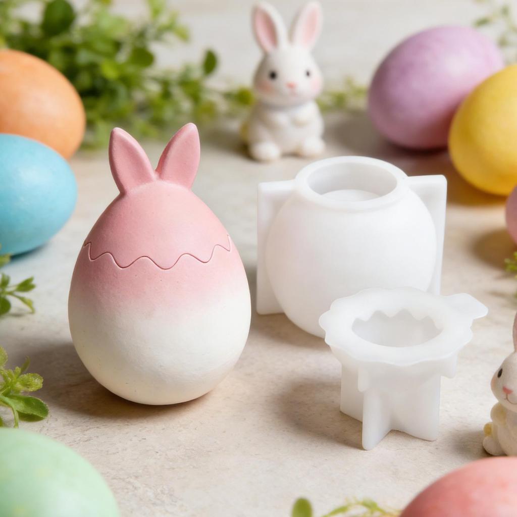 Easter DIY Silicone Mold Cute 3D Silicone Bunny Ear Mould Egg Shape Soap Mold Easter Rabbit Ear Eggshell Decoration Molds