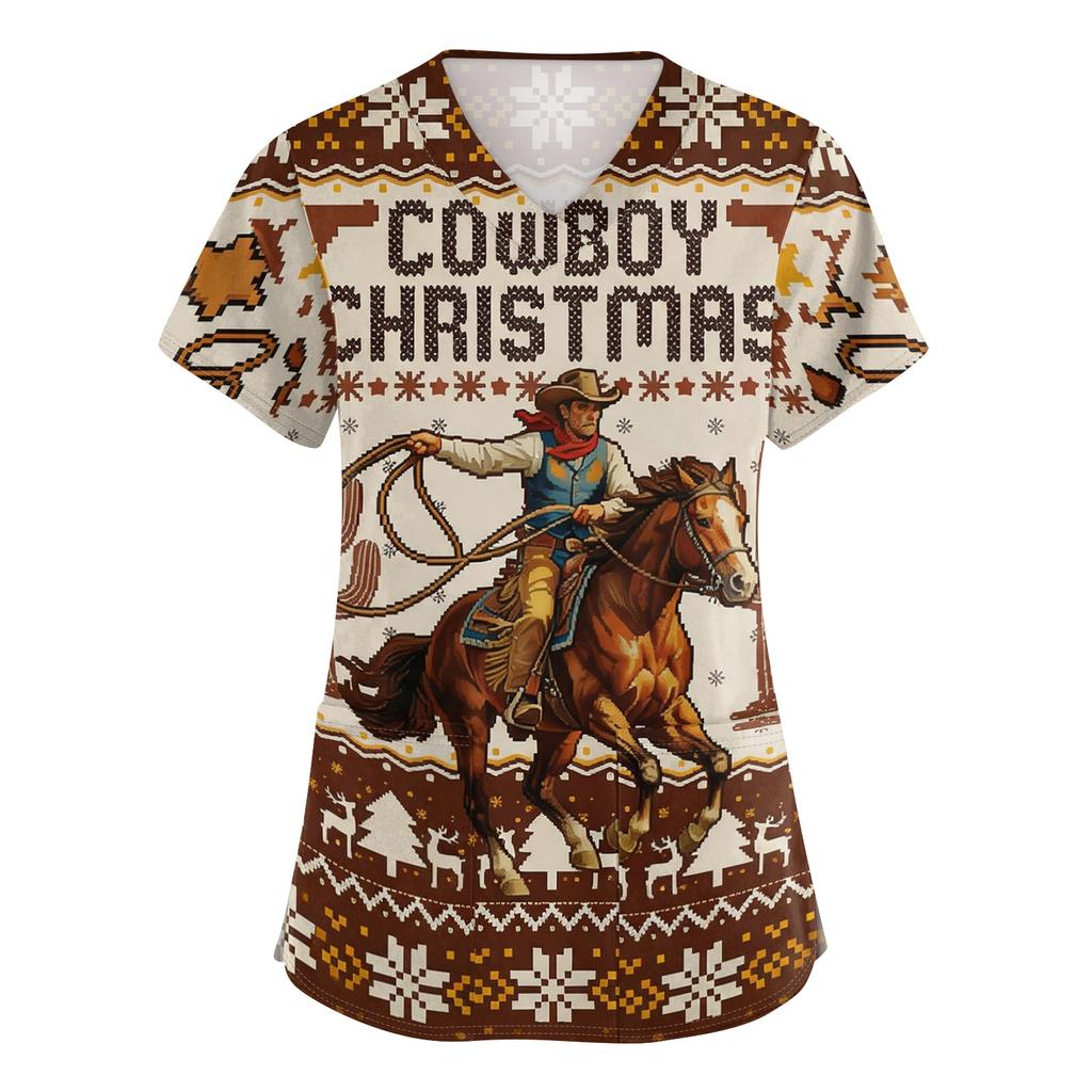Women's Loose Fit Uniform Dress with Christmas Print V-Neck and Side Slit Short Sleeve