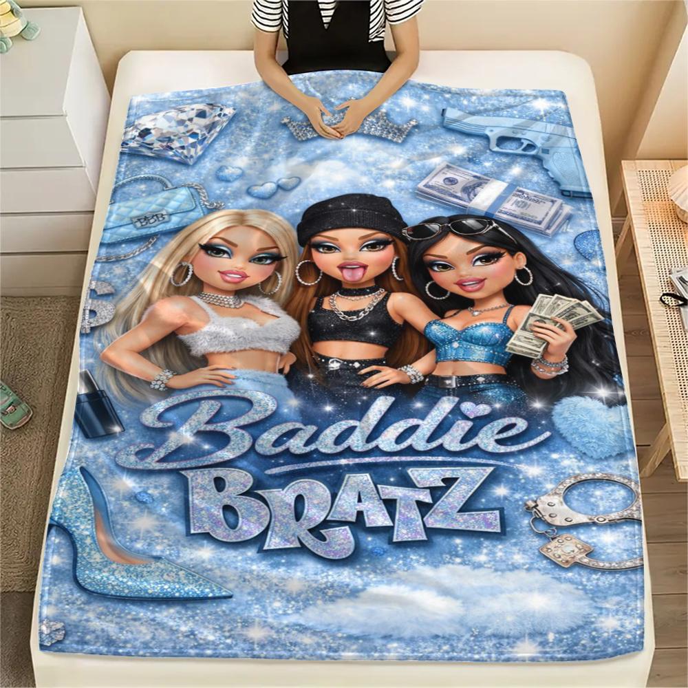 1Pc Bratz Doll Print Flannel Blanket, High quality Comfortable for All Seasons, Home Decor, Warmth and Comfort, Perfect for Gifts