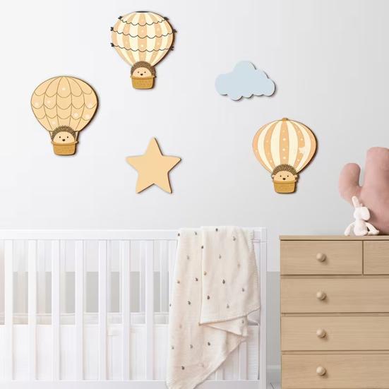 5 Pcs Hot Air Balloon Wall Decor with Cloud And Star Boho Wooden Nursery Wall Art Cartoon Hedgehog Hanging Sign for Kid's Room Playroom