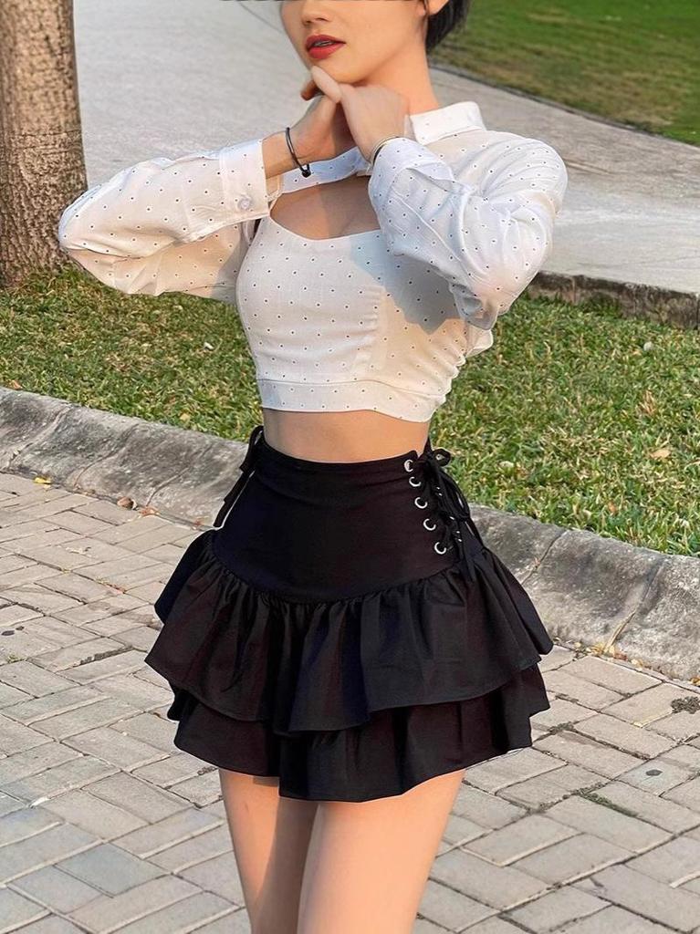 2025 Autumn/Winter Spicy Girl Sexy Slim-Fit High-Waisted Pleated Short Skirt with Side Tie.