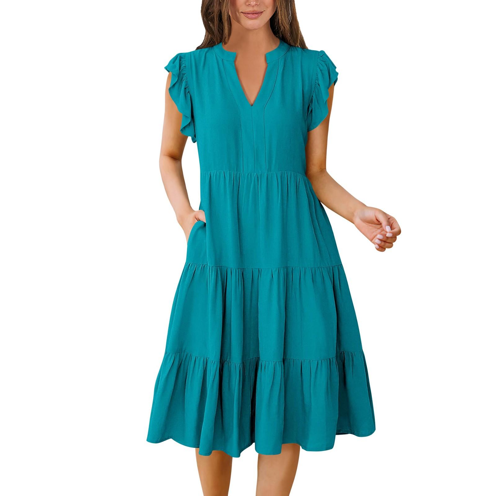 

Женские богемные однотонные летние повседневные многослойные платья с v-образным вырезом и рюшами на рукавах L