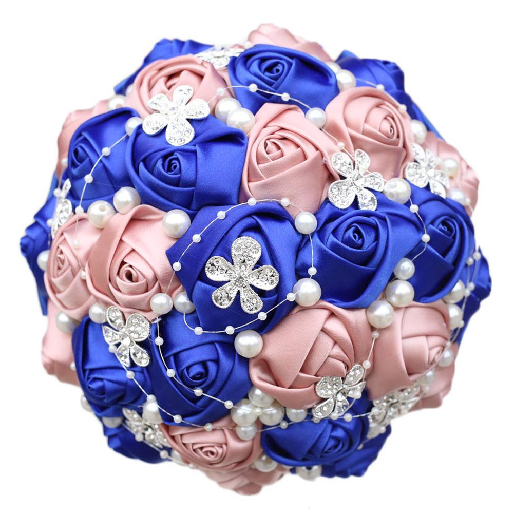 European & American Elegant Ribbon Flower Bridal Bouquet – Beaded Five-Flower Design