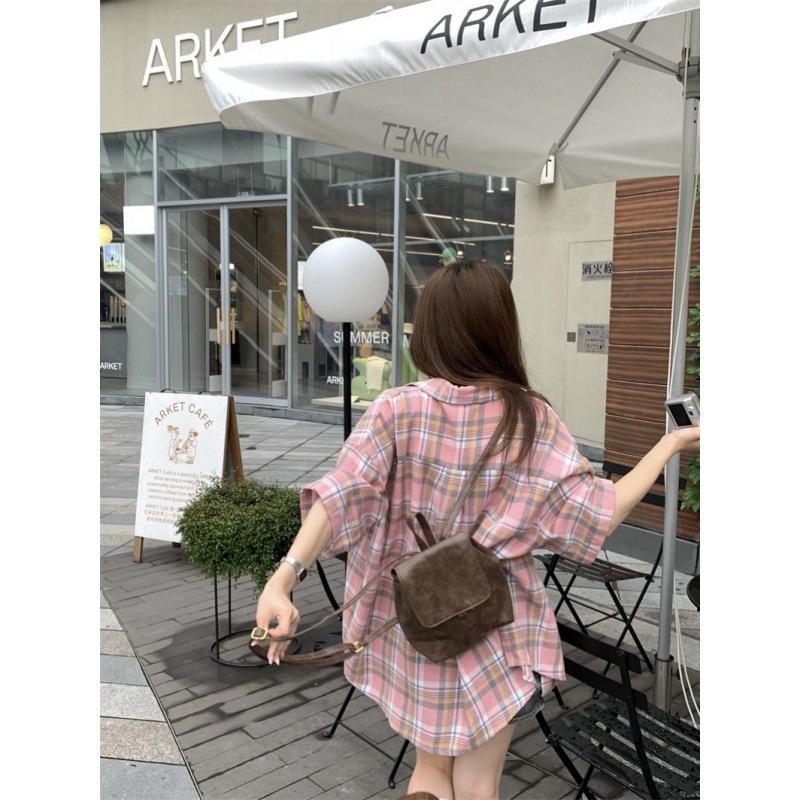 Koreanisches Hip Hop Retro Karo Oversized Kurzarmhemd für Damen