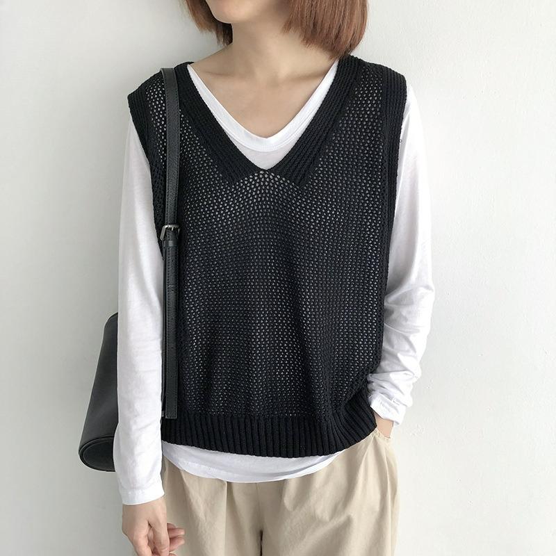 Retro Solid Color V-neck Knitted Vest Women's Spring and Autumn Literature and Art Loose All-match Sweater Vest Waistcoat Women