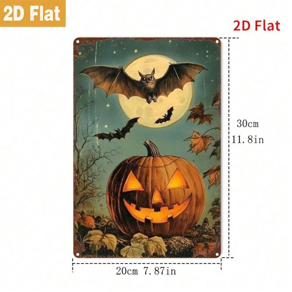 Generic 1Pc Halloween Pumpkin & Bats 2D Flat Vintage Metal Tin Sign 8×12 Inch, Waterproof Rust-Proof Wall Art Decor