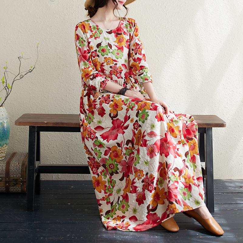 DIMANAF 2024 Rochie de primăvară mărime Plus pentru femei, rochie boemă ocazională cu imprimeu floral, rochie lejeră pentru plajă, decolteu O, verde, femeie