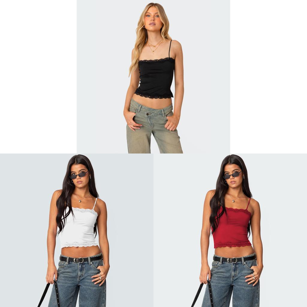 Y2k Sexy Girl Crop Top With Lace Trim Splicing For Streetwear Fashion