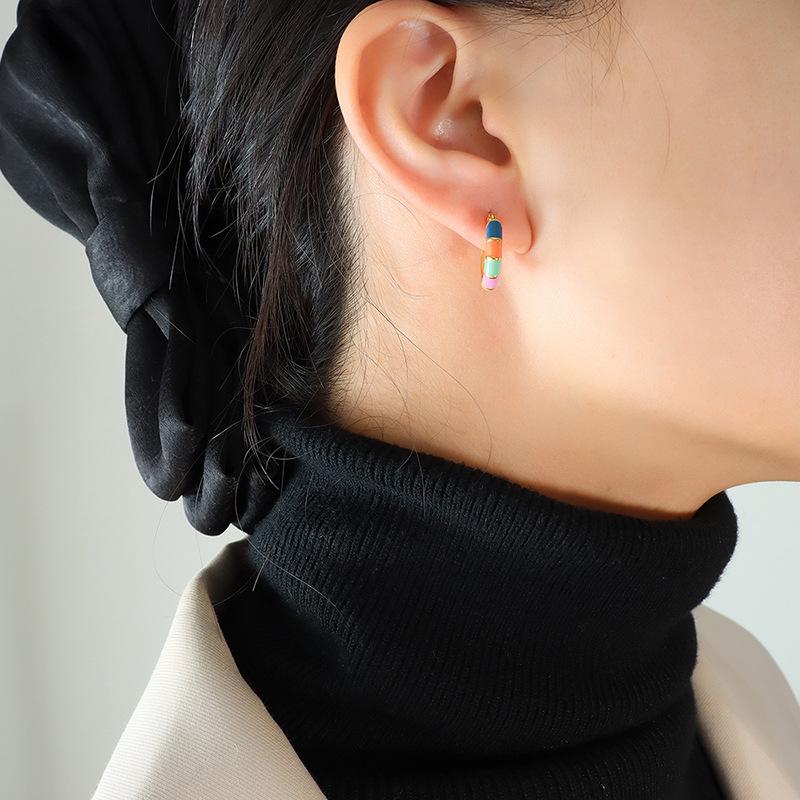 Retro French Style Multi-color Patchwork Enamel Earrings with Gold-Plated Titanium Steel and High-Quality Backs