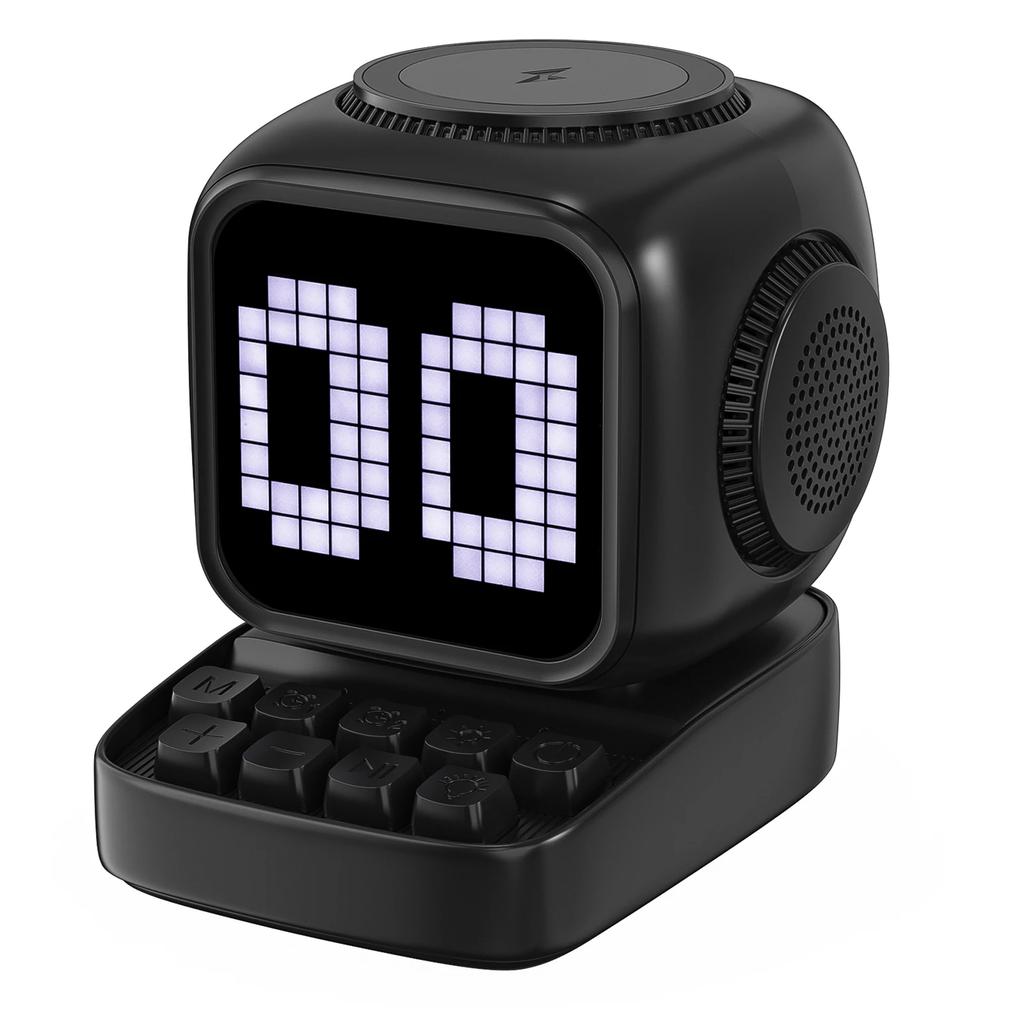 Wireless Charger Stand Retro Pixel Art Bluetooth Portable Speaker Alarm Clock LED Display Board Cute Gift Home Light Decoration