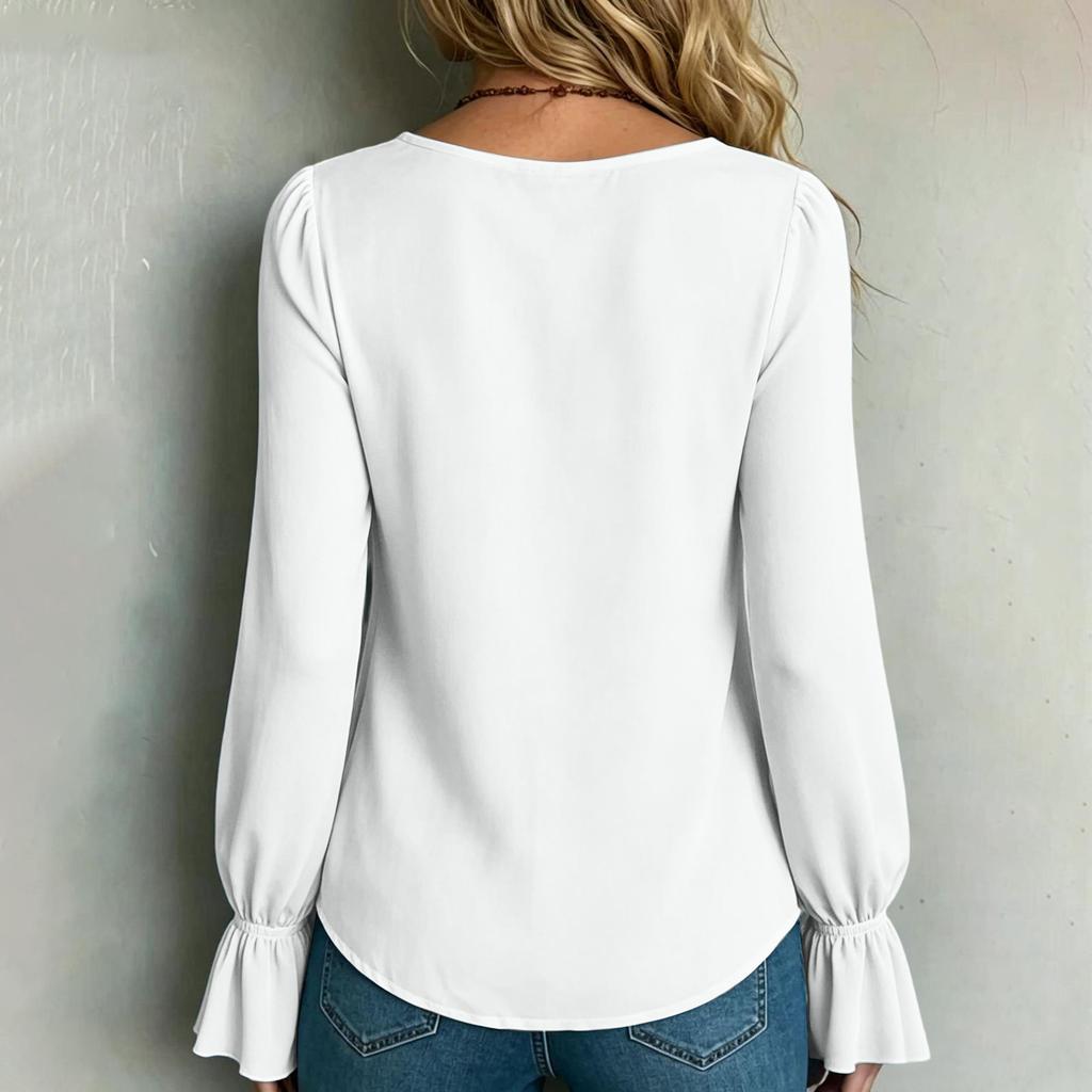 Women's V-Neck Pleated Long Sleeve Loose Fit Blouse - Color Elegant Top