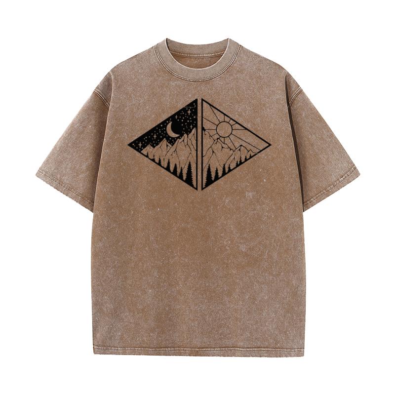 Rectangular Black Mountain Pure Cotton Men Tops  Tees Vintage Mother Day Retro Washed T Shirts Loose Round Neck Washed T Shirts