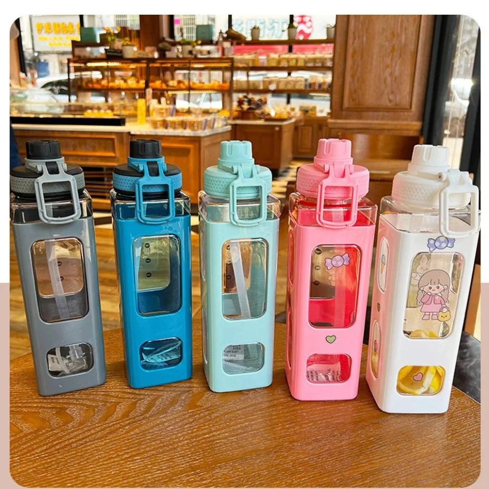 

700/900ml Water Bottle with Straw Cute Bear Sticker Bpa Free Plastic Kawaii Square High-capacity Sippy Cup Poratable Drinkware 700ml розовый