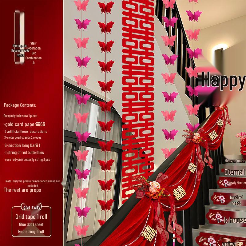 Bridal Chamber Stair Railing Decoration Set for Indoor Engagement & Wedding Celebration