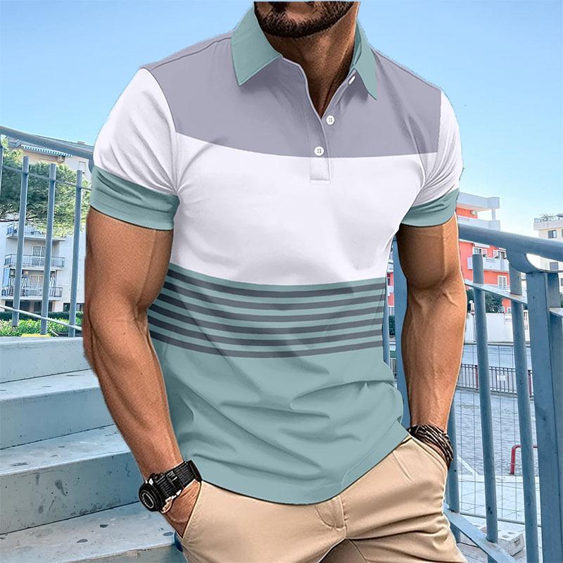 New Men's Casual POLO Shirt Digital Printing Striped Buttons Lapel Top Loose Versatile Short-sleeved T-shirt Tops