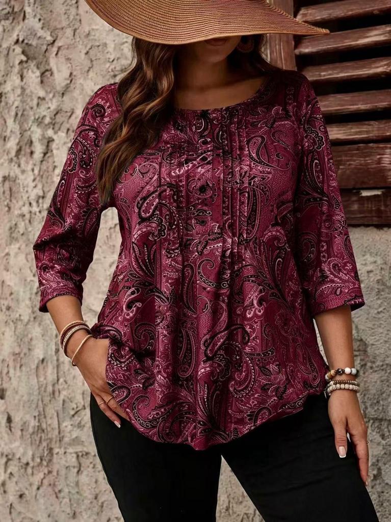 Bawełniany T-shirt z Długim Rękawem i Guzikami w Wzór Paisley dla Kobiet w Rozmiarach Plus