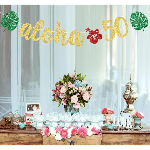 Aloha 50 Banner, Hawaiian 50th Birthday Decorations, Aloha Party Decorations, Tropical Luau Birthday Party Decorations, Palm Leaf Decorations Gold
