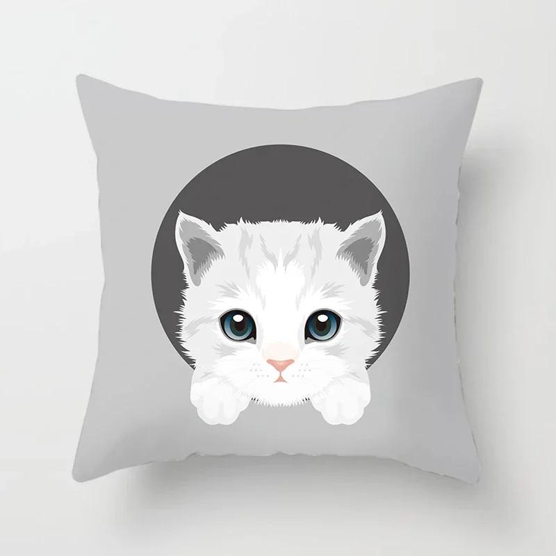 Cute Cat Round Head Home Decor Cushion Cover Naughty Cat Sofa Car Decoration 45X45Cm Pillowcase Square Polyester Pillowcase