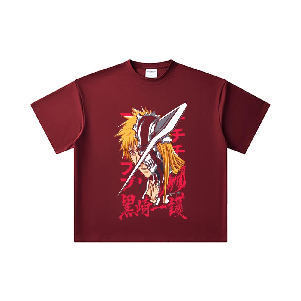 260 GSM Double Yarn 32 Count 100% Cotton Bleach V4 Ichigo Print Unisex Heavy Cotton T Shirt