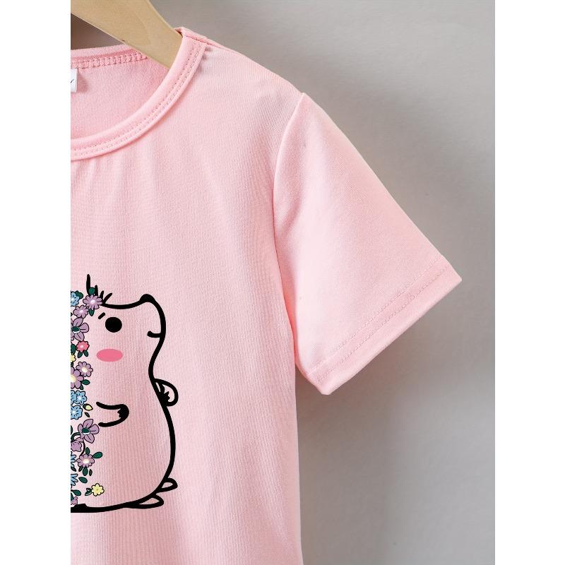 Girls' Summer Short-Sleeve Cartoon 'Flower Hedgehog' Print T-Shirt