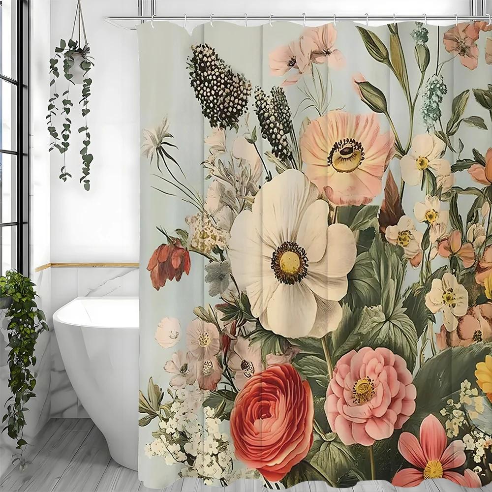 Floral Shower Curtain, Bathroom Decorative Shower Curtain, Waterproof Shower Curtain with Hooks