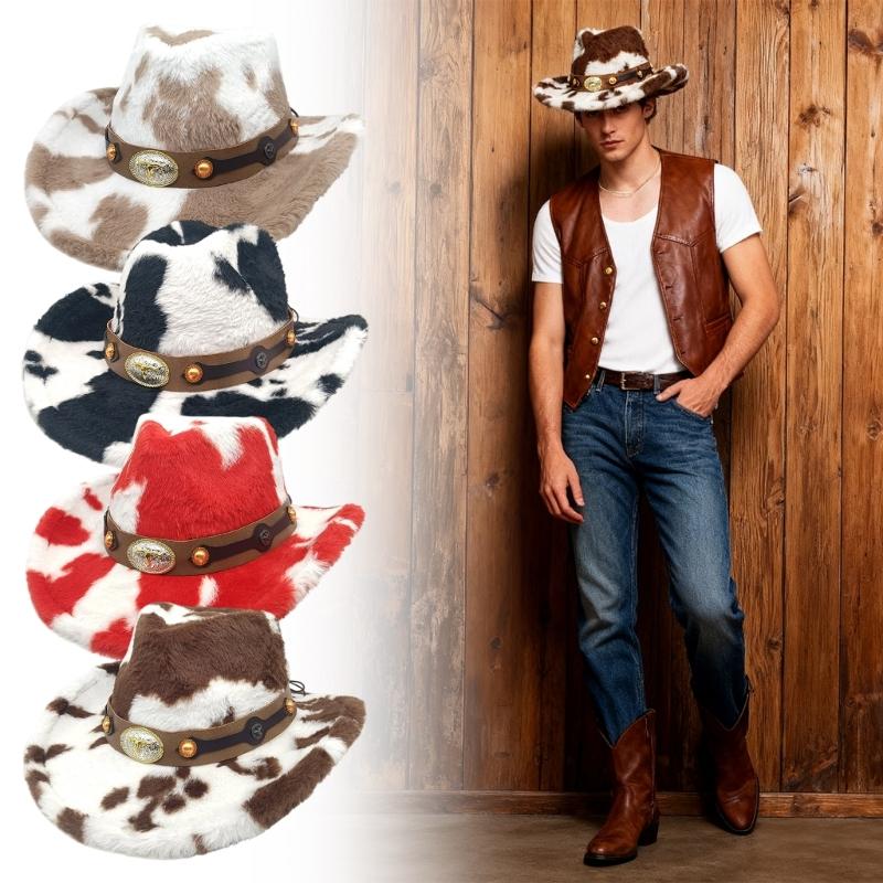Winter Plush Cowboy Hats with Cow Pattern Design for Women Men Unisex Cold Weather Wide Brims Western Cap Party Props