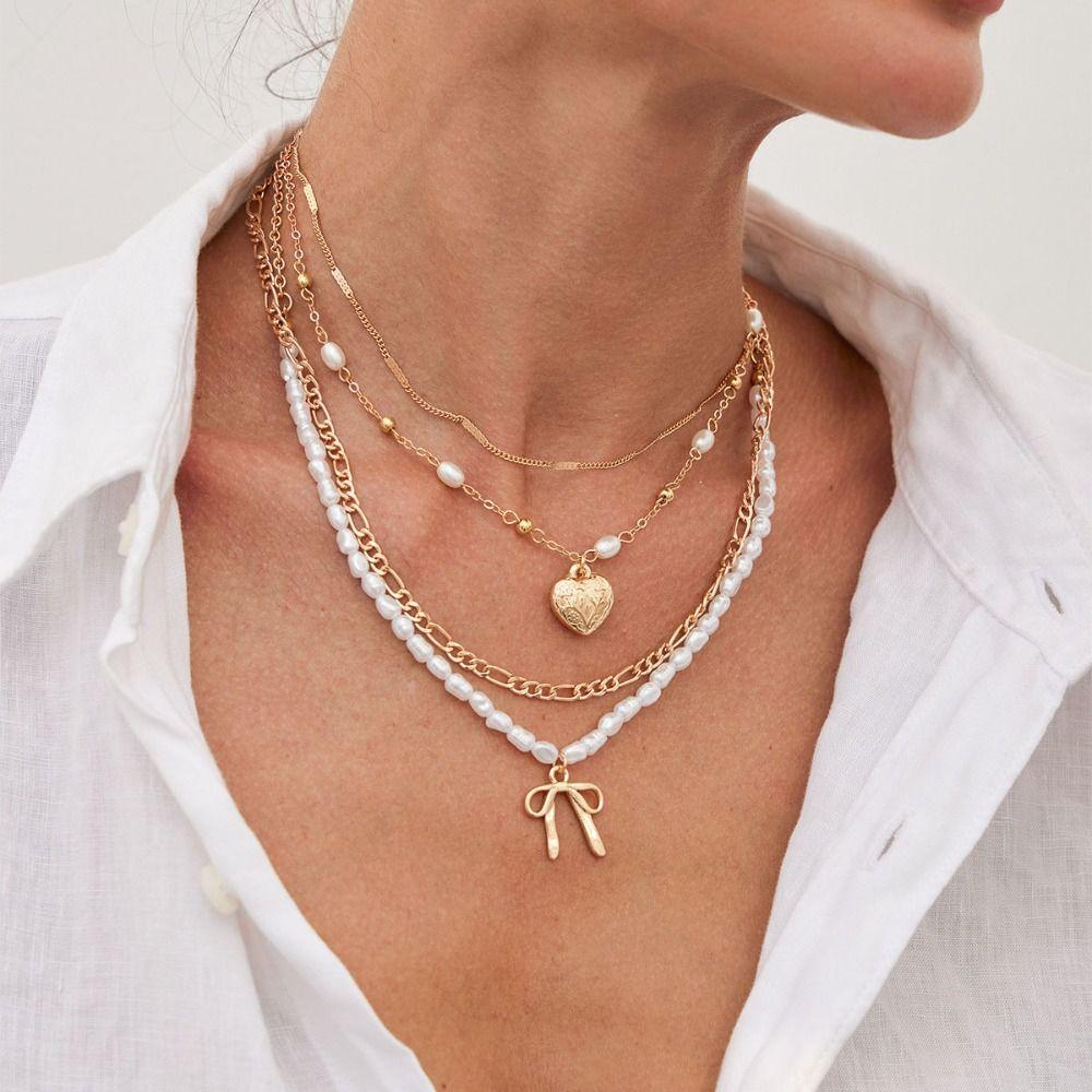 Punk Multilayer Pendant Necklace Crystal Y2K Metal Necklace Cool Beaded Necklace  Party