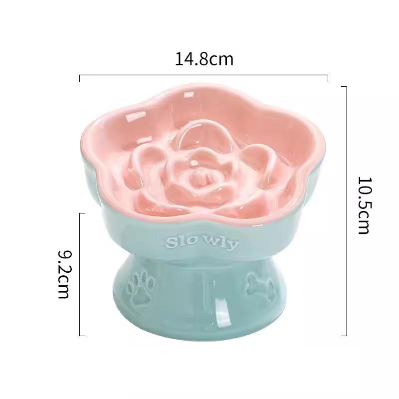 Creative Ceramic Drinking Water Food Tall footed Pet Bowls Anti Overturning Neck Protection Slow Food Anti Choking Cat Bowl, 1Pc