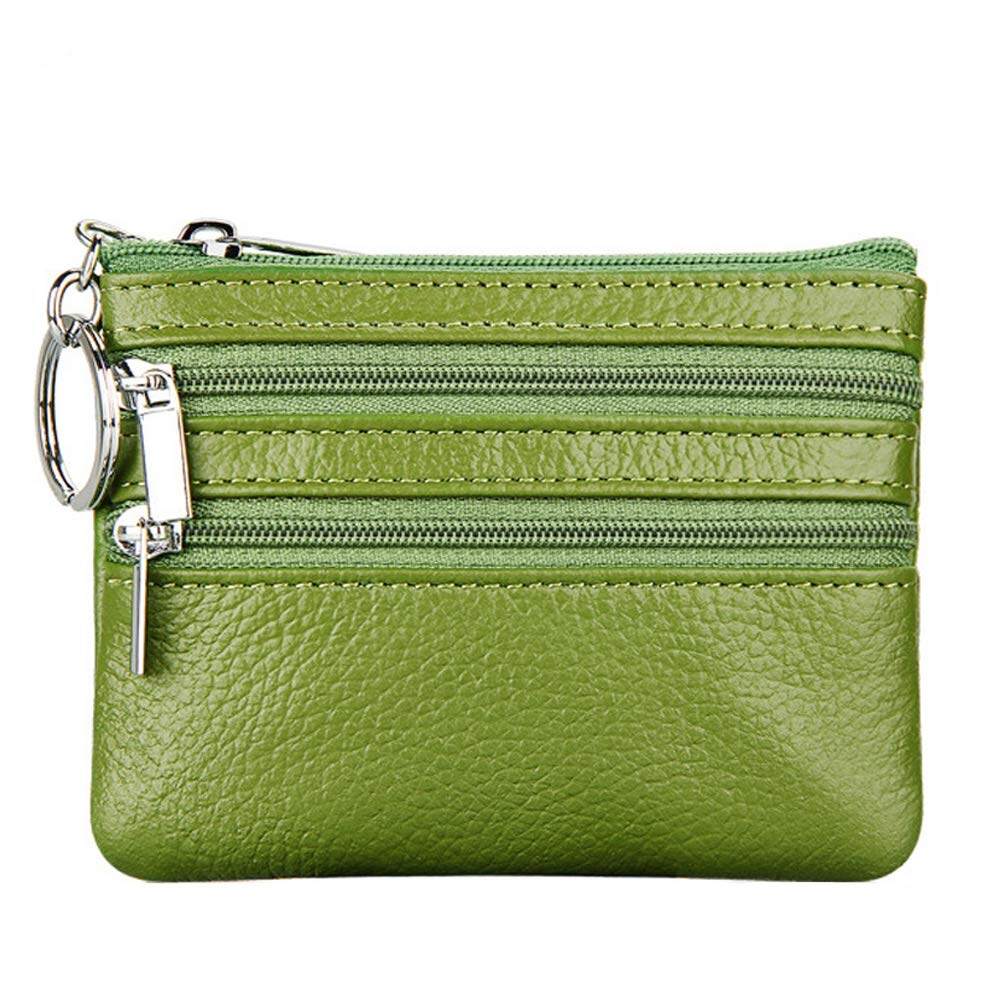 Women's Genuine Leather Coin Purse Mini Pouch Change Wallet with Keychain NEW Three Zipper Fashion Multicolor