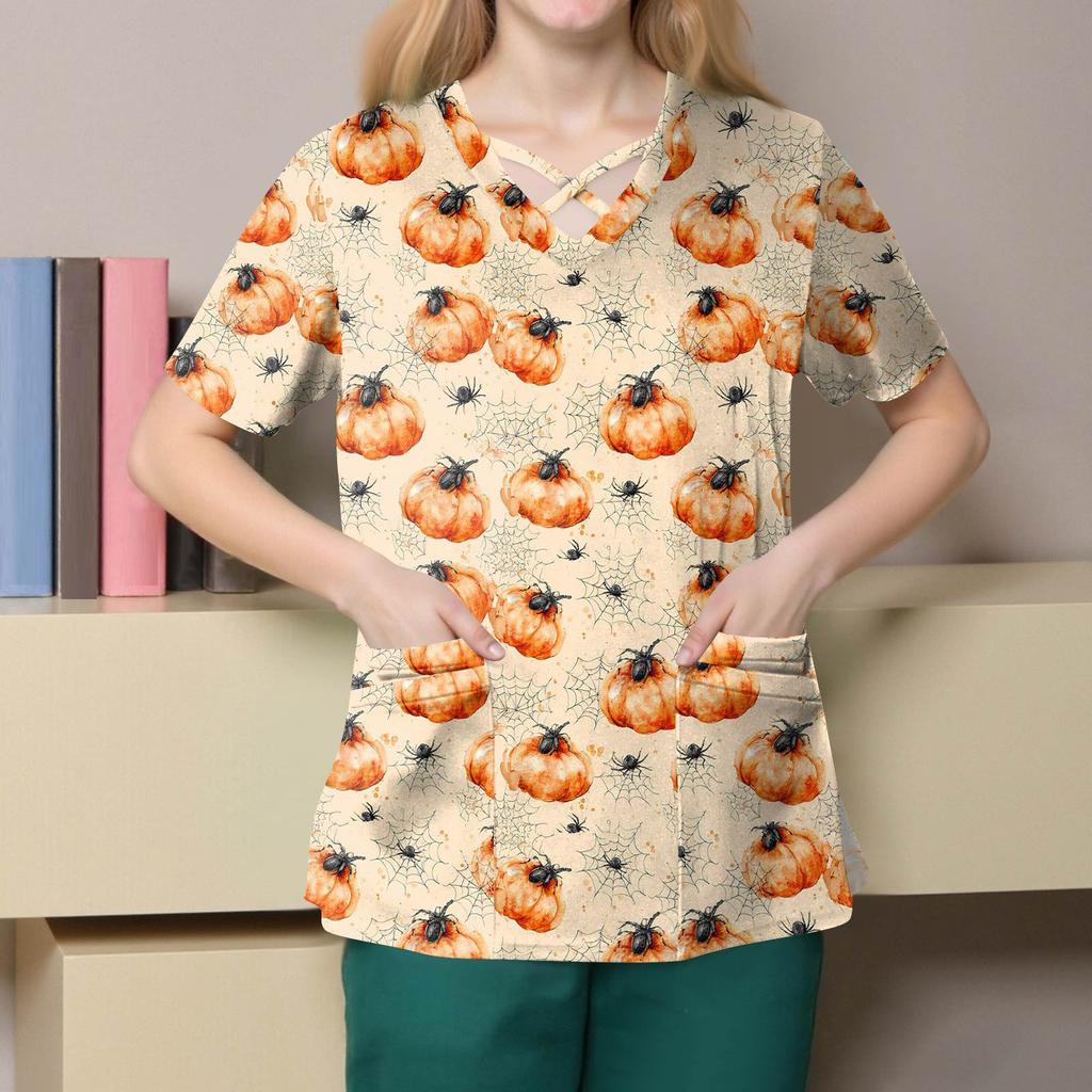 Damenmode V-Ausschnitt Kurzarm Overalls Doppeltasche Halloween Aufdruck Oberteile Bekleidung