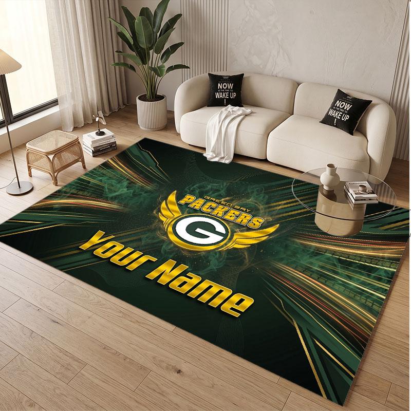 Custom Rug Green Bay Packers Pattern Print Name Text Soft Non‑Slip Floor Carpet for Home Indoor Decoration