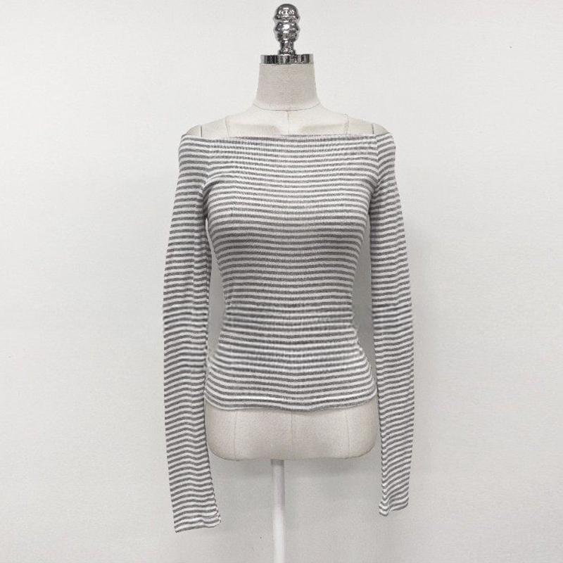 Korean Dongdaemun One-Shoulder Sexy Striped Slim Fit Long-Sleeve T-Shirt One Size серый