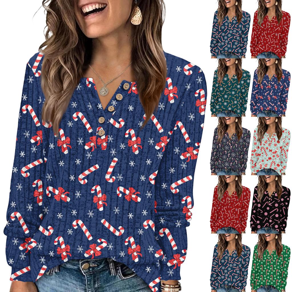 Women's Fashion V-Neck Button-Up T-Shirt With Christmas Print Long-Sleeved Top