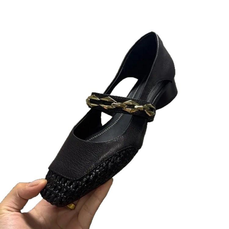 Hollow Summer Internet Celebrity Women's Shoes Breathable Fashion Woven Square Head Thick Heel Single Shoes