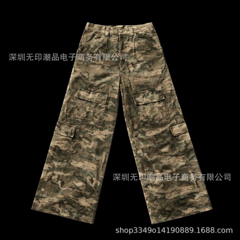 American Vintage Camo High Waist Straight Leg Jeans Street Style Loose Wide Denim Pants