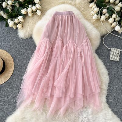 Summer Women Sweet Mesh Patchwork High Waist Long Midi Skirt
