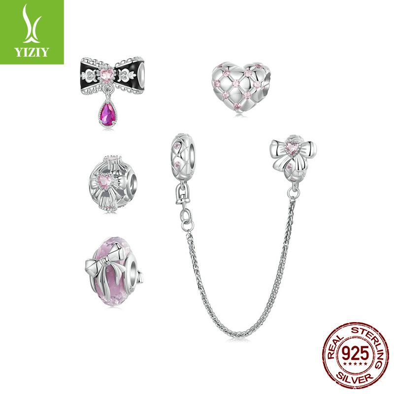 Romantic Pink Bow Diy Bracelet Beaded Accessories, Sweet Girl Heart S925 Sterling Silver Glazed Beads