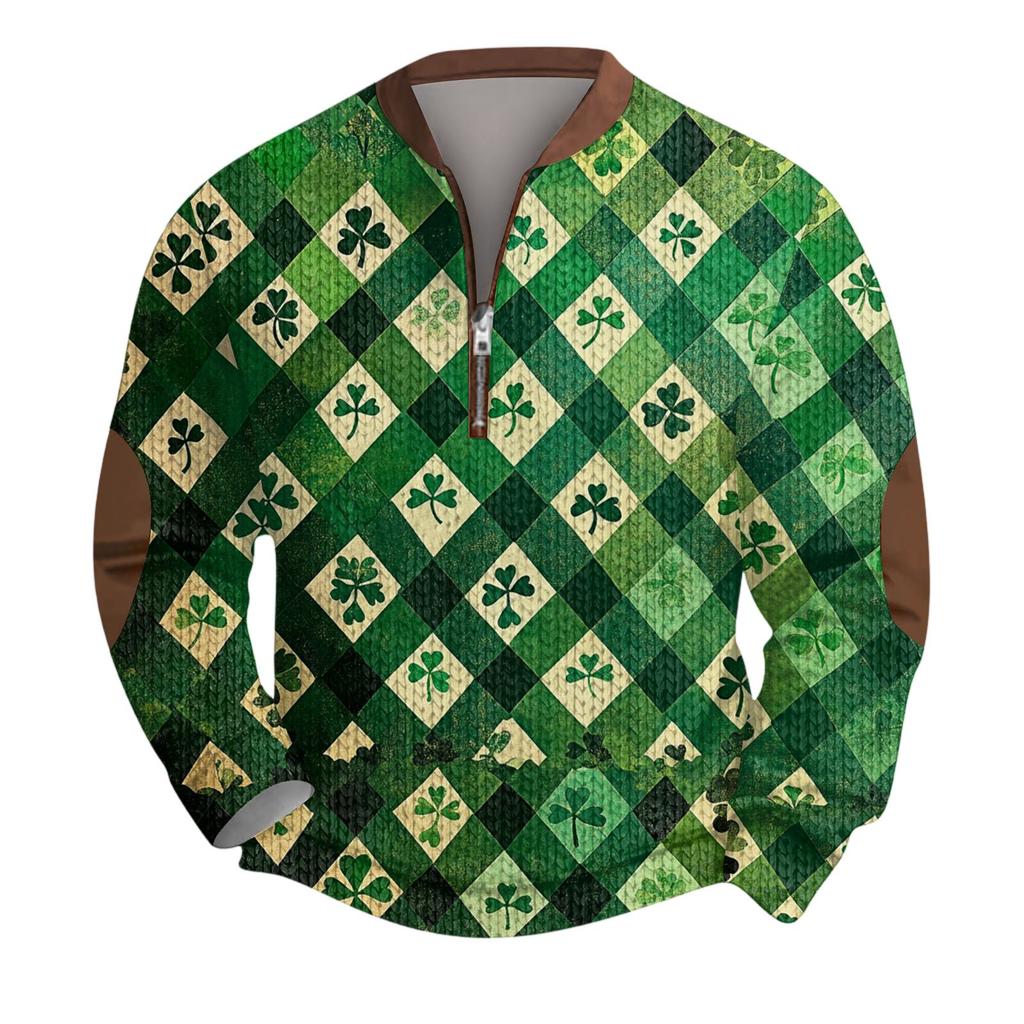 Mens Christmas Sweater Zip Up Sweatshirts Vintage Knit Graphic Sweatshirt St. Patrick's Day Stand Collar Pullover