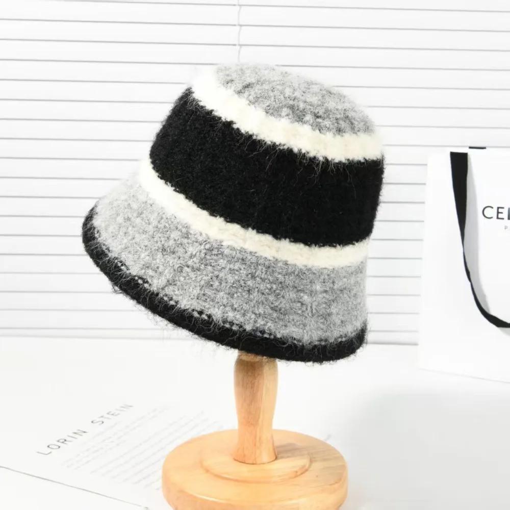 Fashion Wide-Striped Knitted Bucket Hat Versatile Cold-Proof Fisherman Hat Large Head Circumference Warm Basin Hat Outdoor
