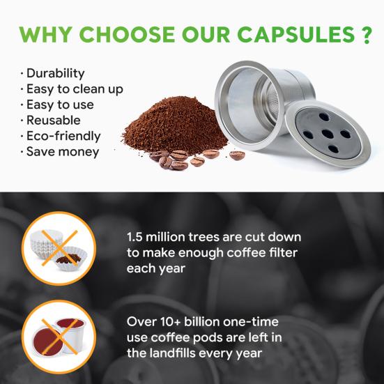 Reusable Espresso Coffee Capsule for Keurig Refillable Coffee Pods with Spoon Brush Coffee Filters Stainless Steel Coffee Capsule Refill Tool