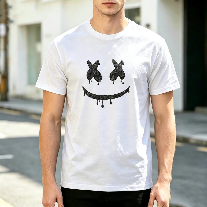 Grunge Smile Face Print T Shirt Soft Cotton Short Sleeve Top For Unisexs Edgy Streetwear Everyday Urban Fashion
