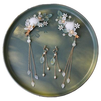 Chinese Hair Ancient Hair Hair Earring Beautiful Gold Headdress Flower [KAMIRI] Ornament, Clip, Accessory, Set, Dress, Hanfu, Color, (White Earrings)