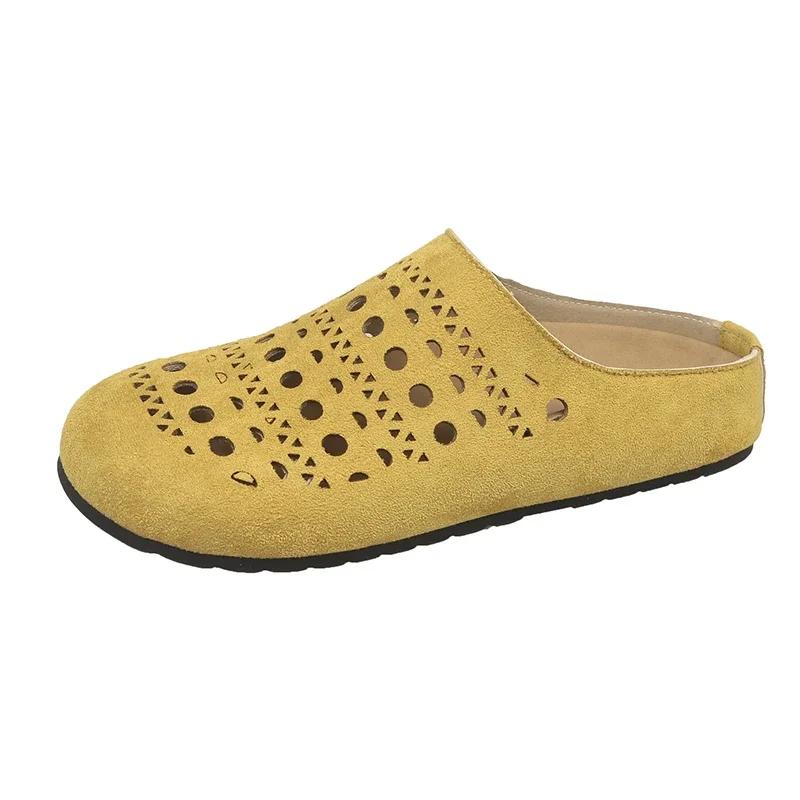 Fashion Baotou Hollow Out Fretwork Suede Leather Solid Concise Half Slippers Women Round Toe Pull on Muller Beach Shoes Females