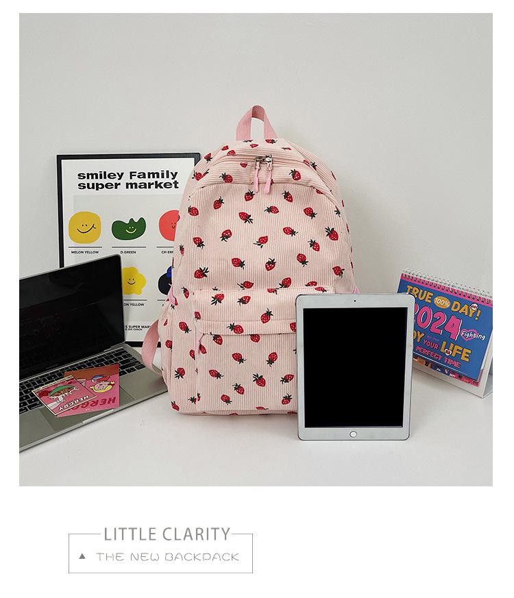 Stylish Corduroy Backpack for Girls – Cute Strawberry Design, Lightweight and Versatile for School or College