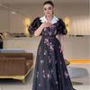 2024 Summer Women's Fashion Color-Block Puff Sleeve Waist-Tied Long Dress