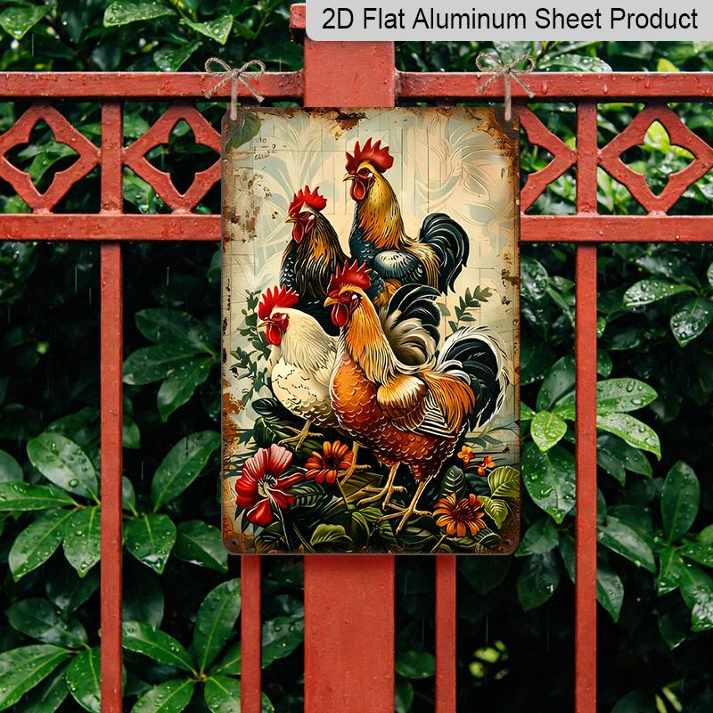 2D Flat, 1pc Vintage Rooster Metal Sign - 8x12 Inch Rustic Aluminum Wall Art with 3 Roosters & Floral Design, Indoor/Outdoor Decorative Hanging Plate