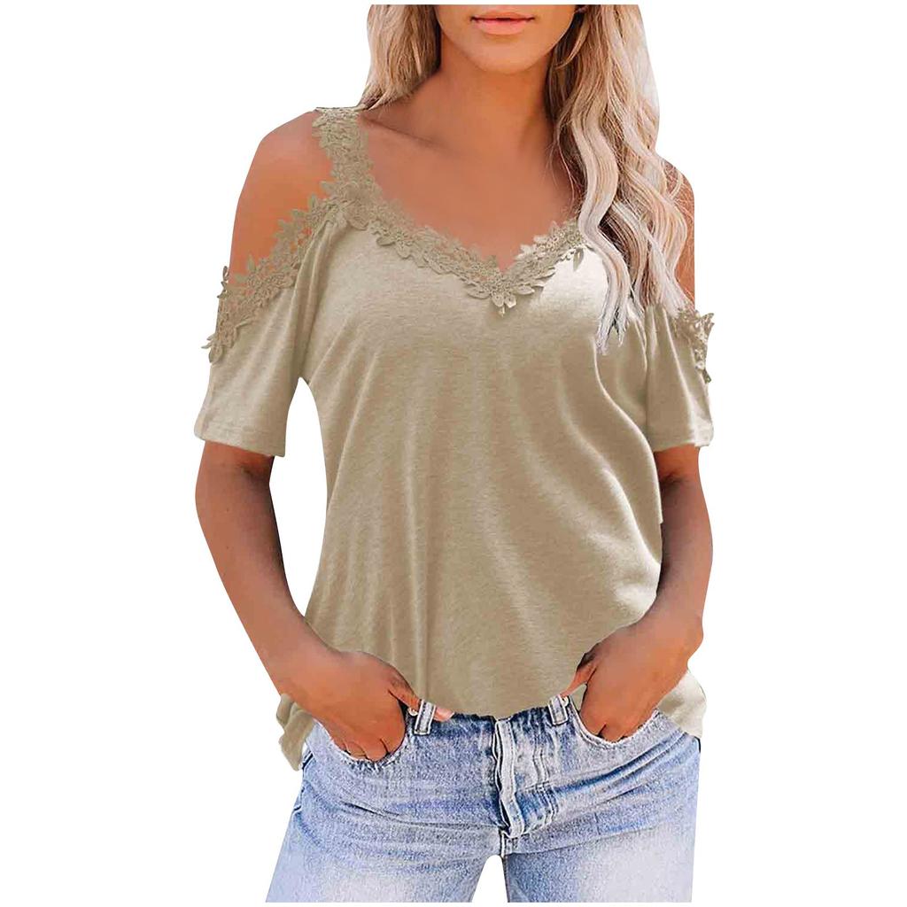 Women's Fashion V-Neck Splicing Lace Suspenders Hollow Loose Short-Sleeved Tops
