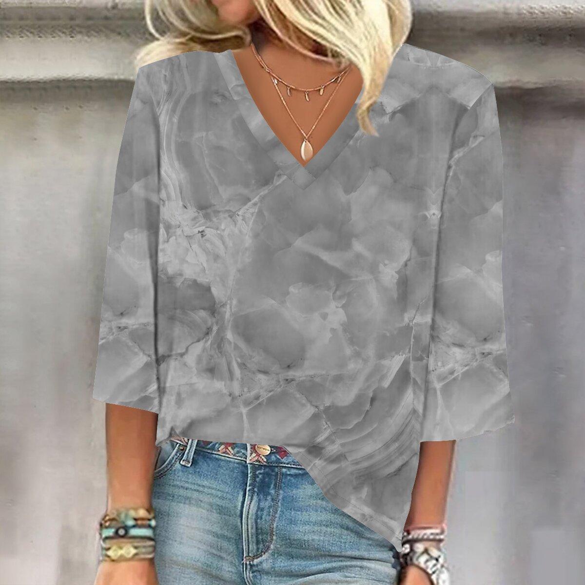 

2023 Sping и осень Новая мода Женский повседневный топ с V-образным вырезом с рукавом 3/4 с принтом