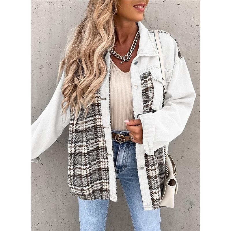 

Женская джинсовая куртка, рубашка с длинным рукавом в клетку на пуговицах, куртка, топ XXL белый