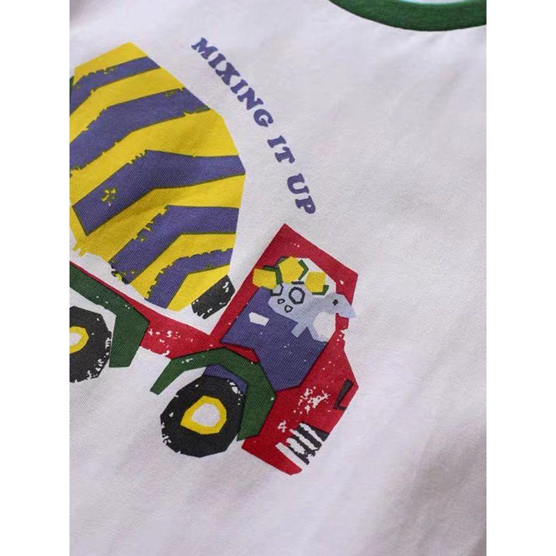 2025 New Summer Clothing for Baby Boys, Pure Cotton Short-Sleeve Pullover Base Shirt, Cartoon Round-Neck Children's Top, Construction Vehicle Design